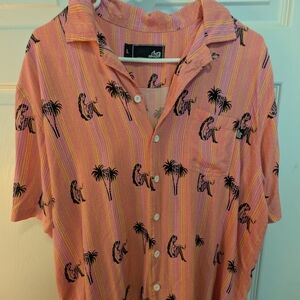 Lost Men’s Button-Up Camp Shirt in Pink with Black Palm Print